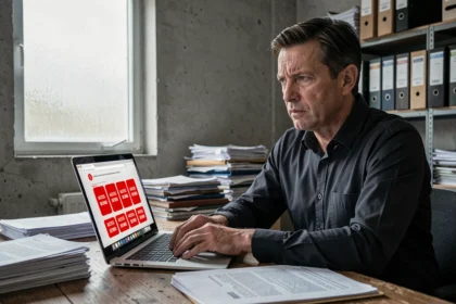 Journaliste face à un écran bloqué symbolisant la censure d'internet dans un pays restrictif