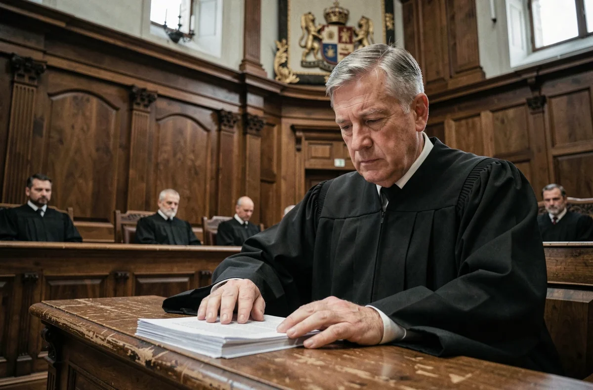 Juge en robe noire examinant des documents juridiques dans une salle d'audience formelle