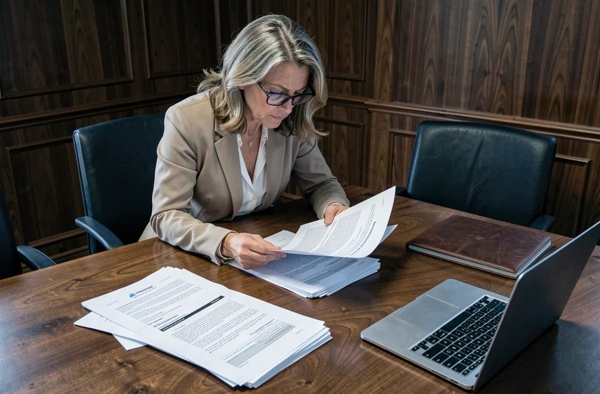 Conseillère RH ou juriste analysant les documents légaux relatifs aux motifs de licenciement dans une salle de réunion
