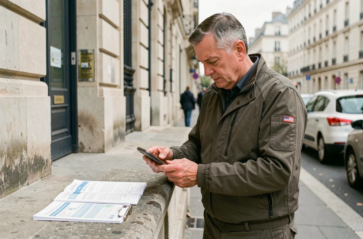 Livreur indépendant photographiant ses documents officiels devant un bâtiment administratif pour déclarer un accident du travail