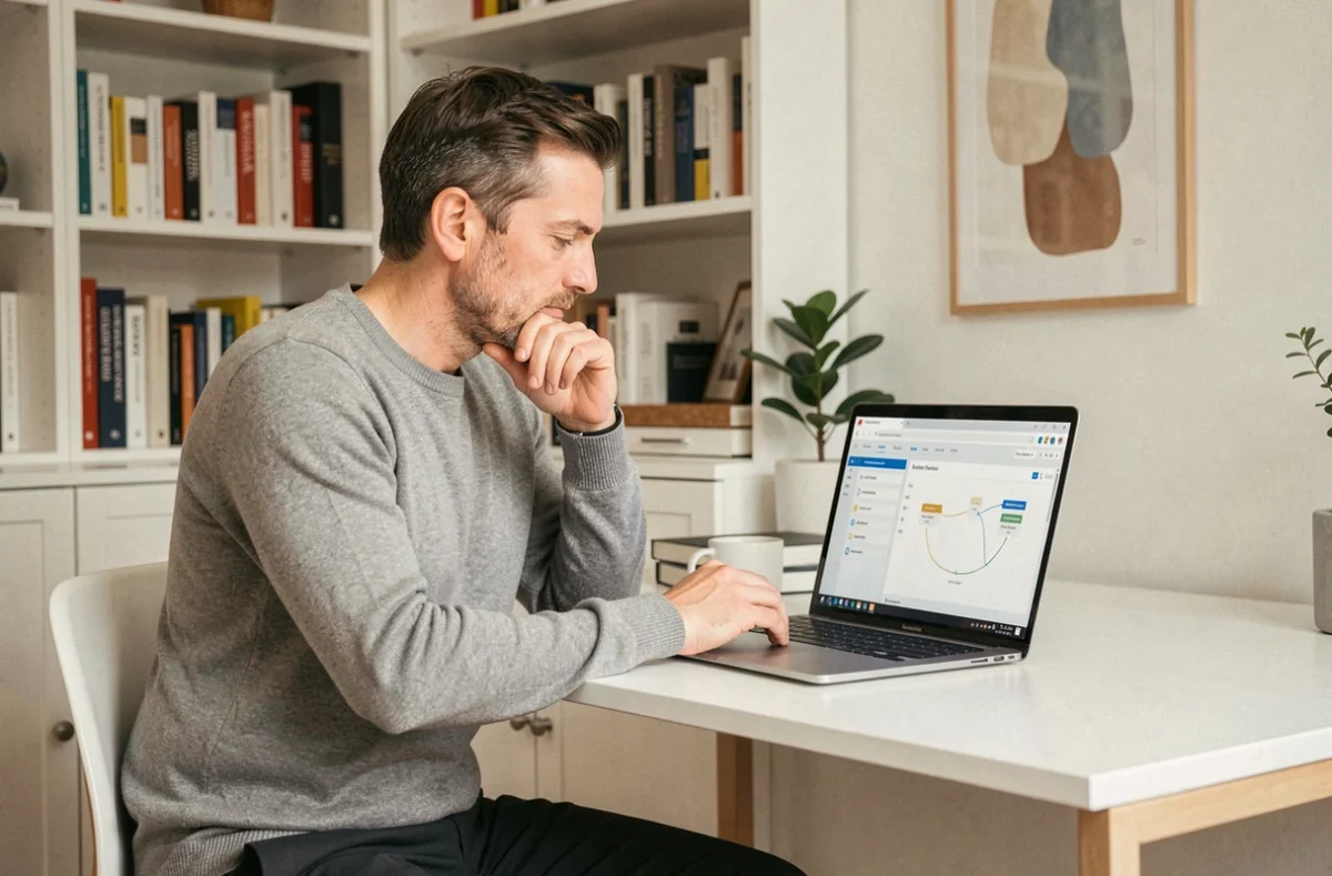 Marketeur indépendant travaillant depuis chez lui sur un logiciel d'automatisation marketing basé sur l'intelligence artificielle, représentant les nouvelles tendances du marketing