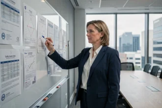 Responsable qualité présentant les normes ISO et les standards d'entreprise lors d'une réunion en salle de conférence moderne