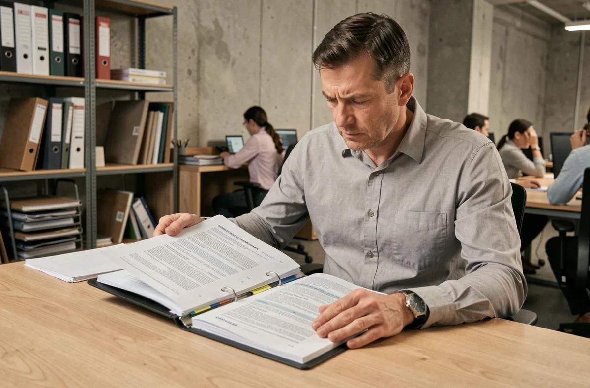 Cadre d'entreprise analysant un dossier de conformité et de normes réglementaires dans un bureau en open space