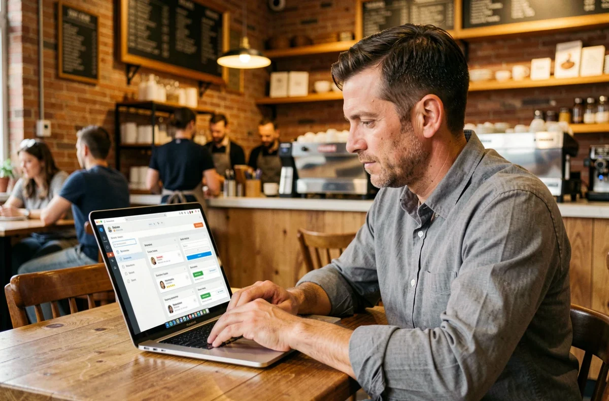 Un homme utilisant un logiciel de gestion des avis clients sur son ordinateur portable dans un café
