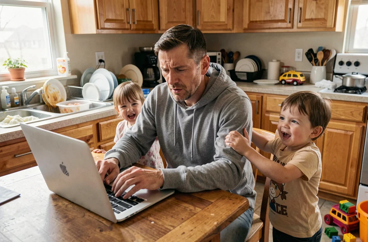 Père en télétravail interrompu par ses enfants dans la cuisine, montrant la difficulté de concilier vie pro et vie perso à domicile