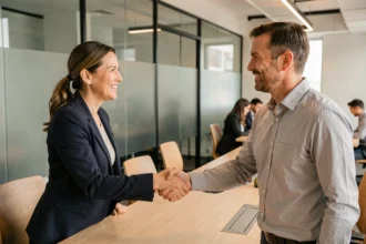 Deux collègues professionnels échangeant une poignée de main chaleureuse pour symboliser une bonne collaboration au bureau