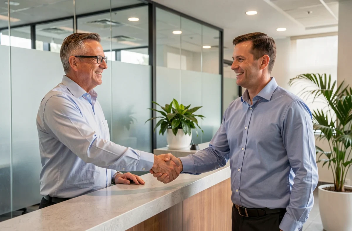 Poignée de main entre un client et un professionnel dans un hall de bureau moderne