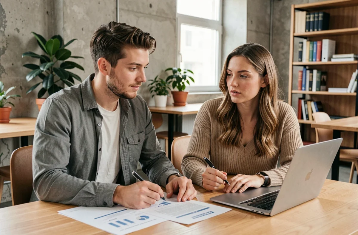Deux jeunes professionnels préparant ensemble un entretien de recrutement BCG, analysant des documents de cas stratégiques sur un bureau partagé