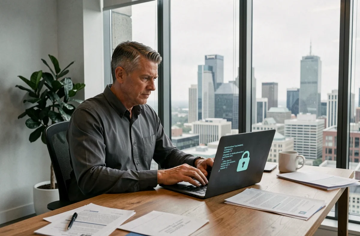 Professionnel de l'informatique travaillant sur la protection des données sensibles depuis un bureau en hauteur avec vue urbaine