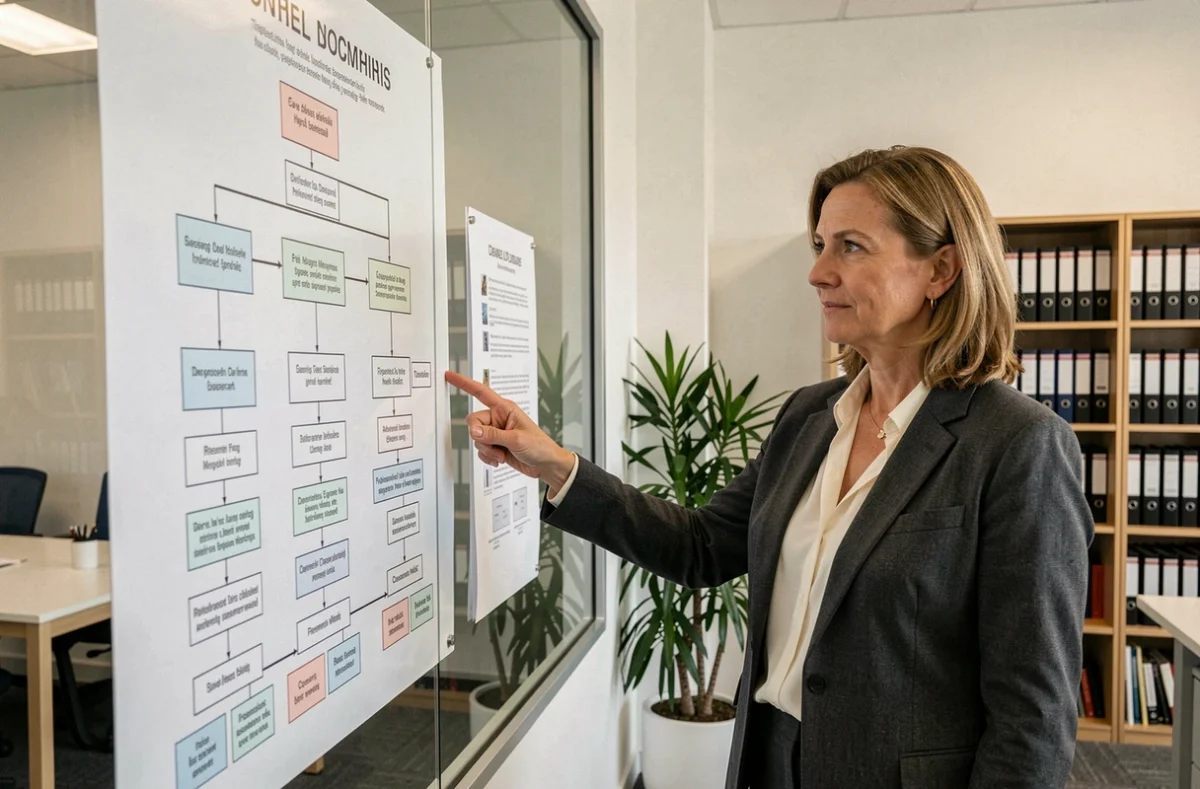 Consultante juridique analysant un organigramme de structure de propriété dans un bureau moderne pour distinguer administrateur et propriétaire effectif