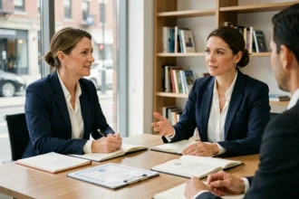 Coach professionnelle diplômée en session de coaching avec un client dans un bureau moderne, entourée de documents de certification