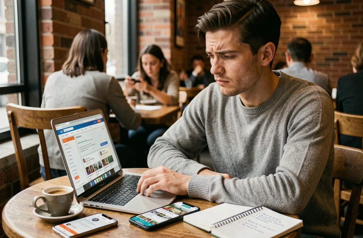 Jeune entrepreneur recherchant des informations sur une entreprise via un registre en ligne et des avis clients depuis un café