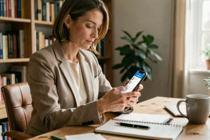 Femme recherchant un professionnel qualifié sur son smartphone depuis un bureau à domicile