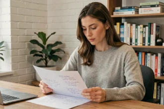 Rédactrice web annotant un texte SEO imprimé dans un bureau moderne, illustrant le processus d'optimisation de contenu
