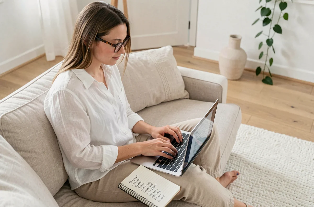 Jeune rédactrice travaillant sur l'optimisation d'un texte SEO depuis son salon, entourée de notes de mots-clés