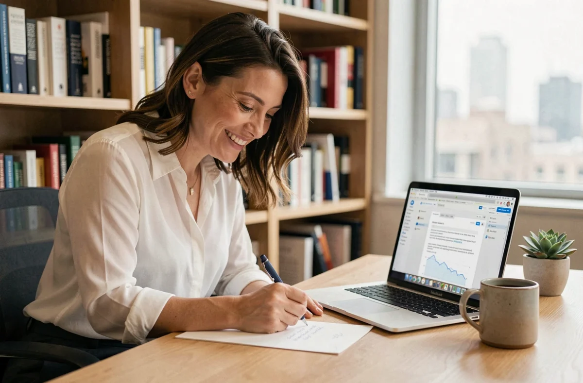 Femme professionnelle souriante rédigeant un message de bonne collaboration à son bureau avec soin et sincérité