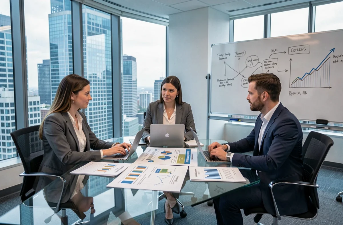 Professionnels en réunion analysant des infographies sur l'avantage comparatif et les échanges commerciaux mondiaux