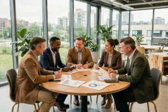 Équipe de professionnels en réunion discutant de la responsabilité sociale des entreprises autour d'une table moderne