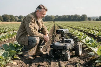 Agriculteur observant un robot autonome naviguant entre les rangées de cultures dans un champ agricole en France
