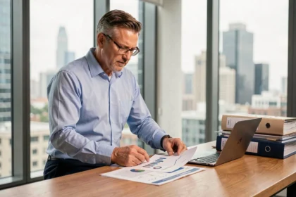 Grossiste analysant des rapports financiers et des tableaux de salaires dans un bureau moderne