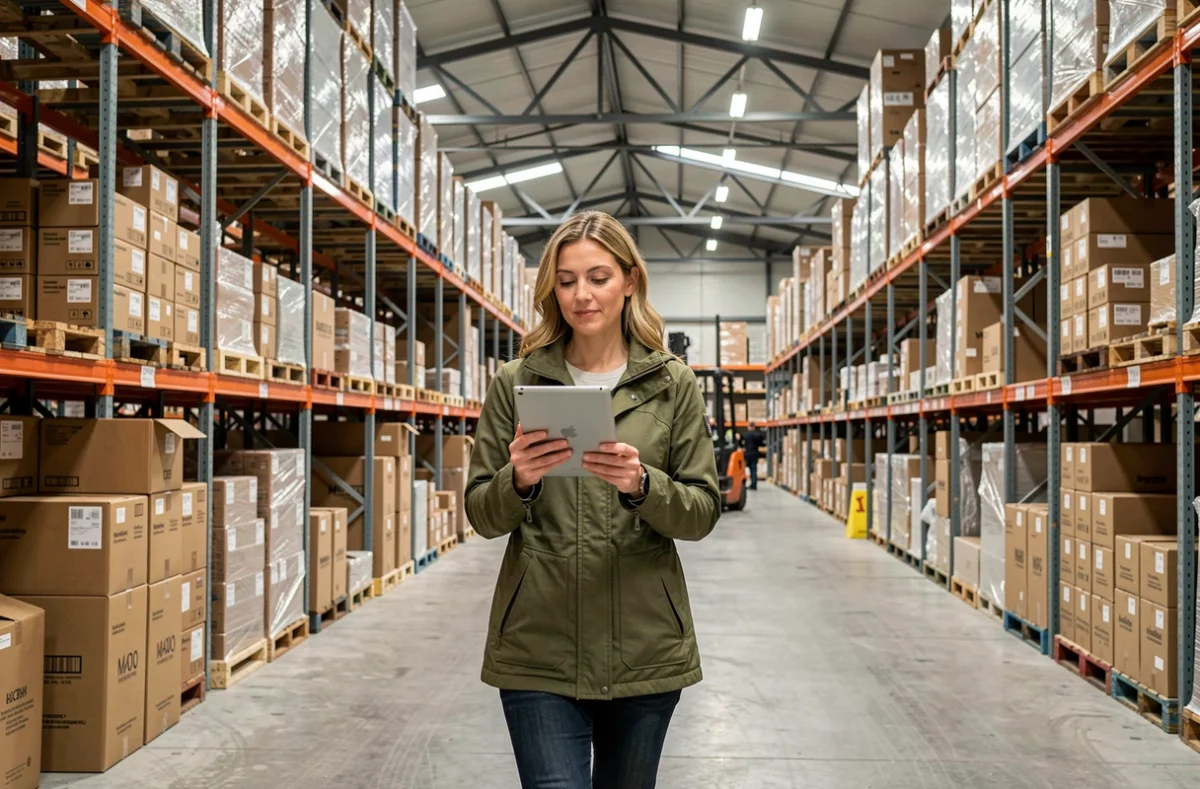Grossiste femme gérant des stocks dans un entrepôt professionnel avec tablette numérique