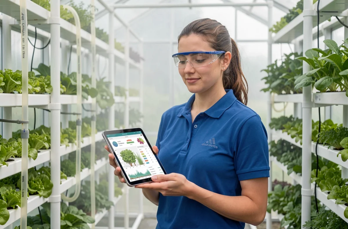 Agronome féminine analysant des données de croissance sur tablette dans une serre hydroponique verticale moderne