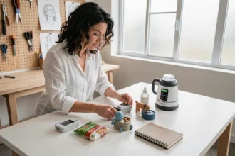 Designer arrangeant six catégories de nouveaux produits sur une table de studio pour les comparer et les analyser