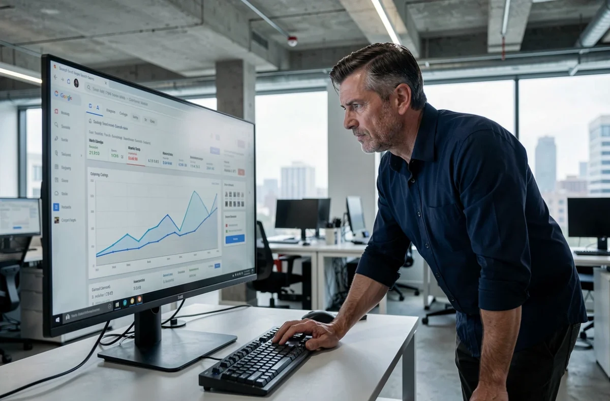 Spécialiste SEO analysant des données de mots-clés sur un écran dans une agence digitale pour optimiser un contenu web