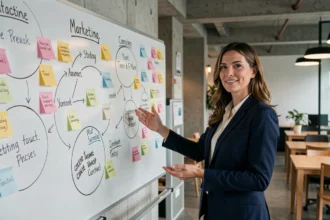 Femme en blazer marine présentant une stratégie marketing sur un tableau blanc dans un bureau moderne