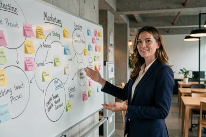 Femme en blazer marine présentant une stratégie marketing sur un tableau blanc dans un bureau moderne