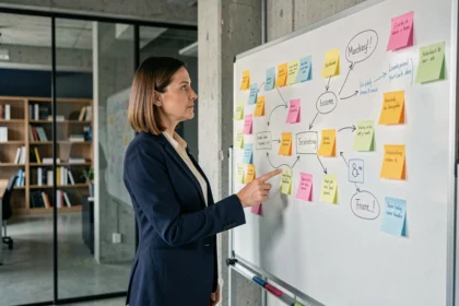 Une femme professionnelle présente une stratégie marketing sur un tableau blanc dans un bureau moderne