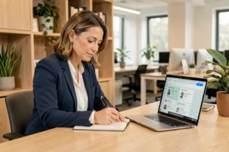 Femme professionnelle prenant des notes dans un bureau moderne, illustrant une stratégie de nurturing client via un CRM