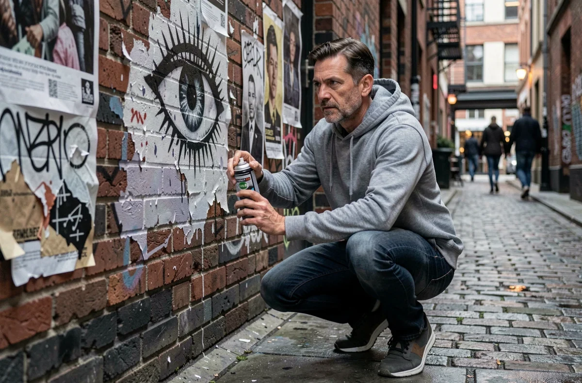 Artiste de rue peignant un symbole de l'œil sur un mur dégradé, métaphore de la surveillance et de la censure