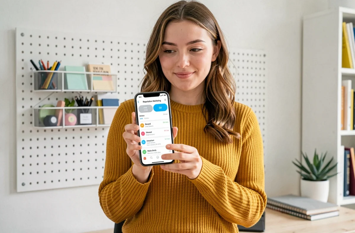 Une jeune femme consultant une application de surveillance de la réputation de marque sur son smartphone dans un bureau à domicile
