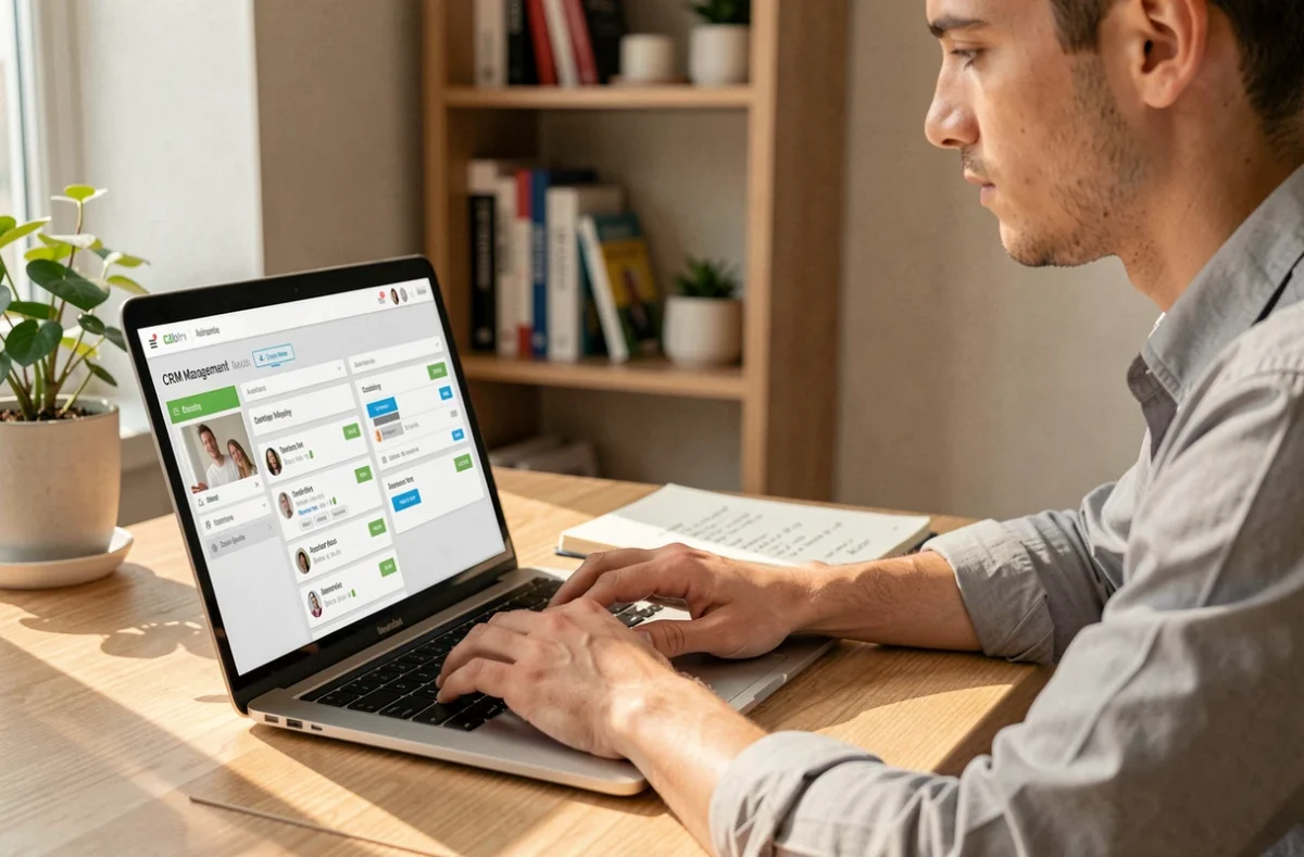 Jeune homme en télétravail gérant des contacts clients sur un logiciel CRM depuis son bureau à domicile