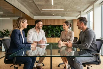 Groupe de professionnels en tenues variées discutant autour d'une table de réunion dans un bureau moderne, illustrant l'influence des codes vestimentaires sur la culture d'entreprise