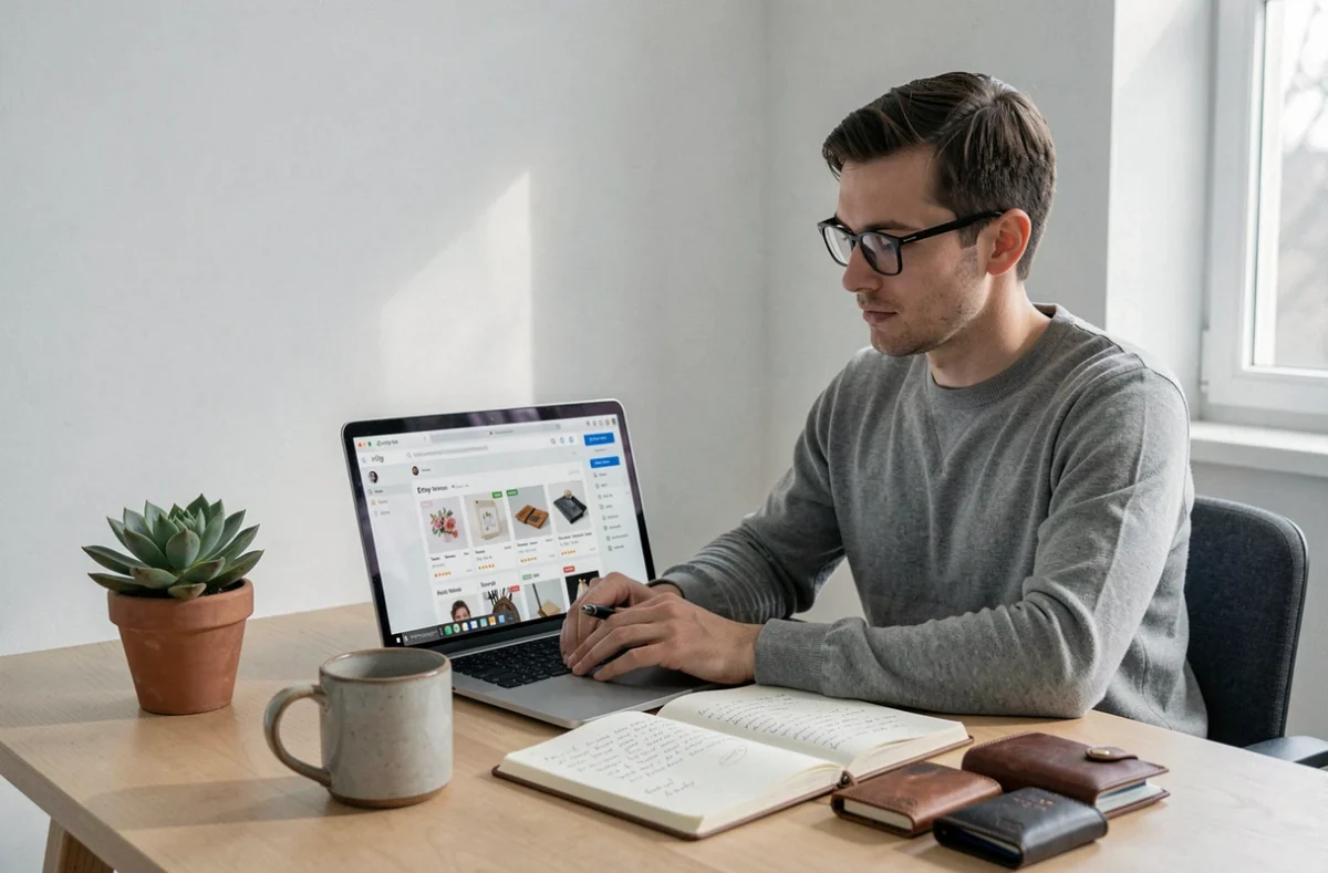 Vendeur Etsy analysant les statistiques et la visibilité de sa boutique en ligne sur ordinateur portable