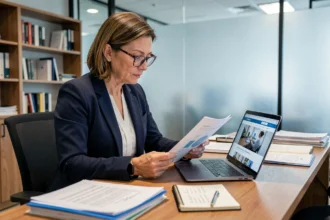 Femme professionnelle vérifiant la crédibilité d'une entreprise en consultant des documents et un site web sur son ordinateur portable