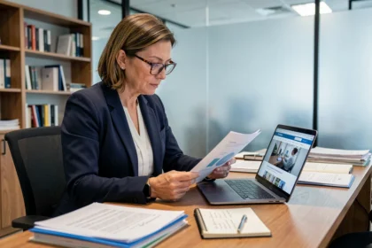 Femme professionnelle vérifiant la crédibilité d'une entreprise en consultant des documents et un site web sur son ordinateur portable